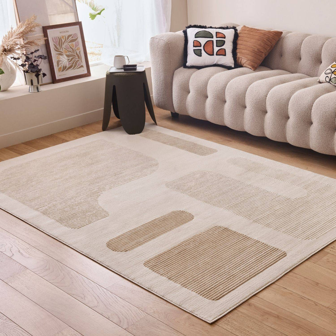 Vista Beige rug abstract design, stain-resistant, soft pile.
