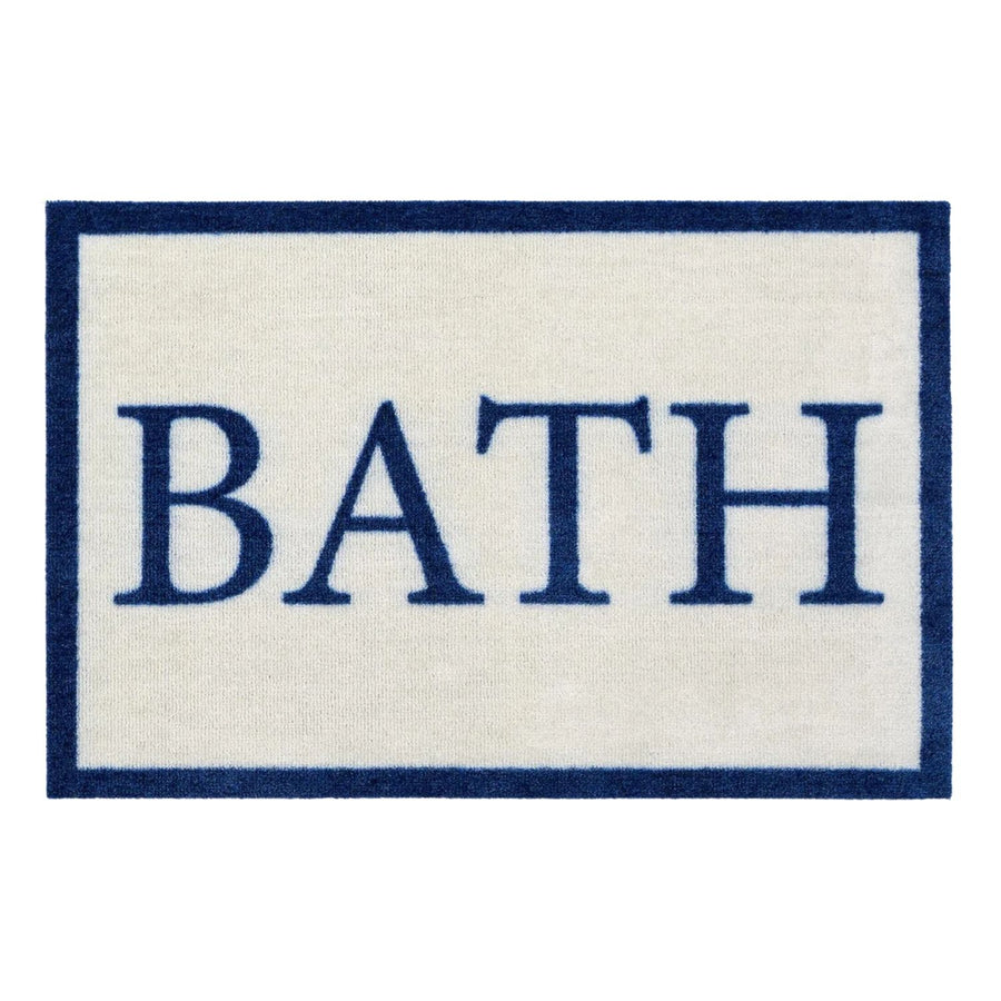 Rectangular bath mat with 'BATH' text in blue on a white background