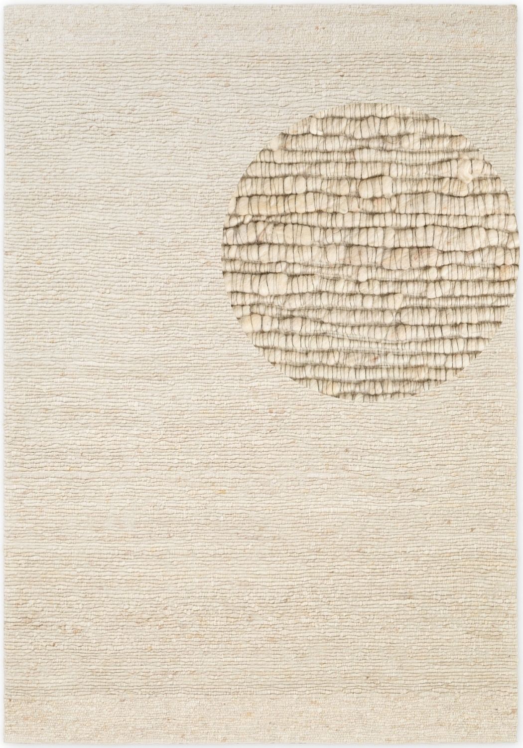 Beige rug with a circular pattern on a plain background