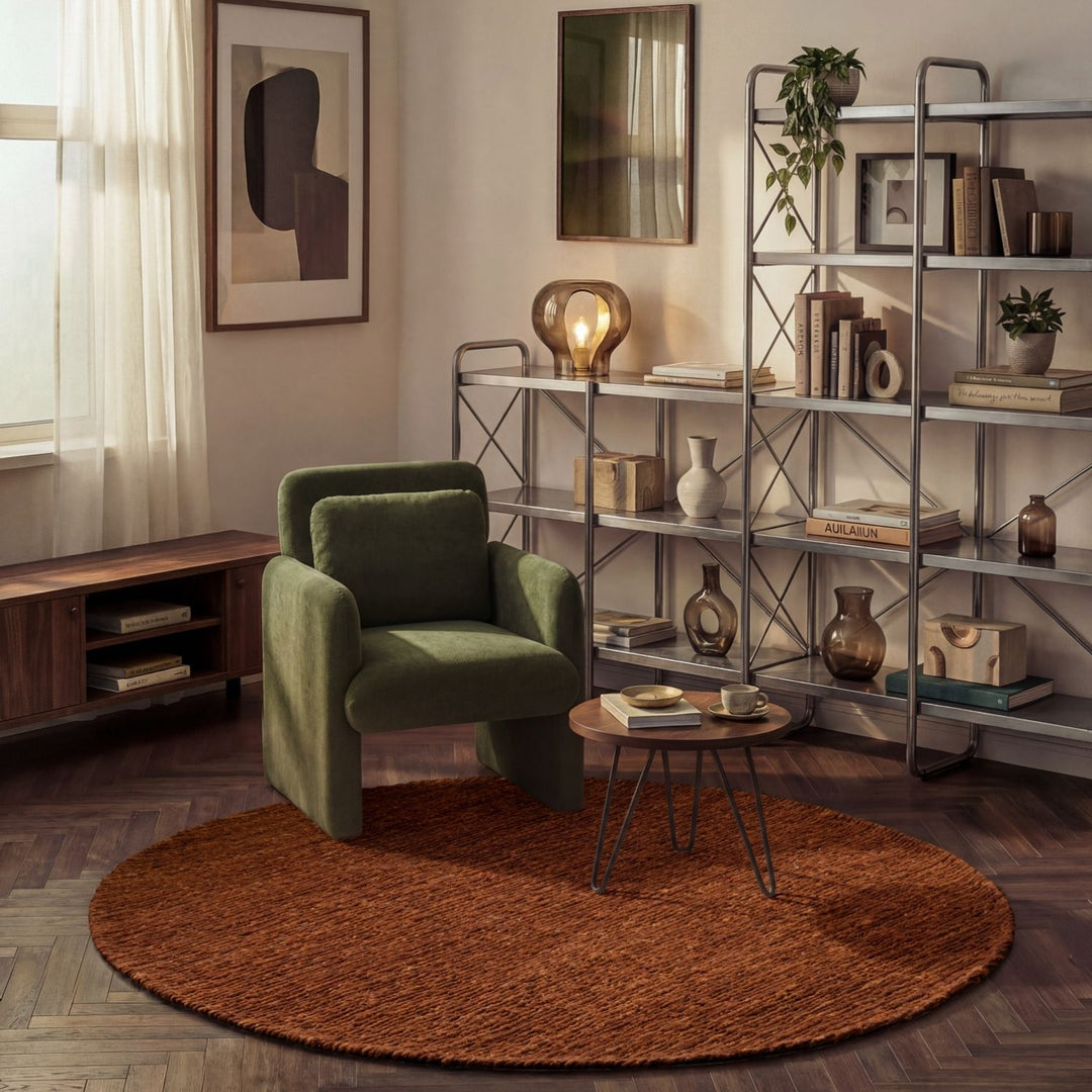 Modern living room with a green armchair, round brown rug, and metal shelving unit.