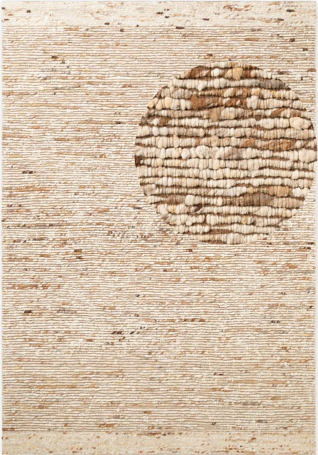 Textured beige and brown area rug with a circular pattern