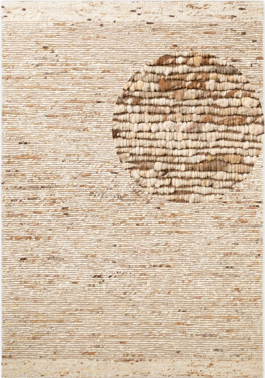 Textured beige and brown area rug with a circular pattern