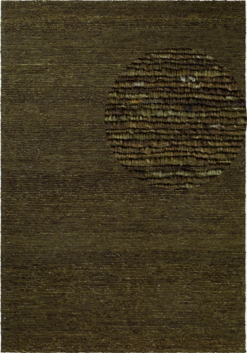 Textured brown rug with a circular pattern