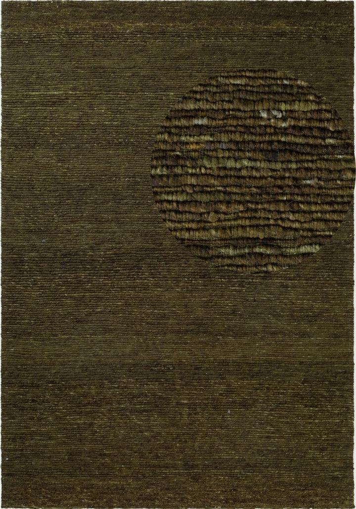 Textured brown rug with a circular pattern