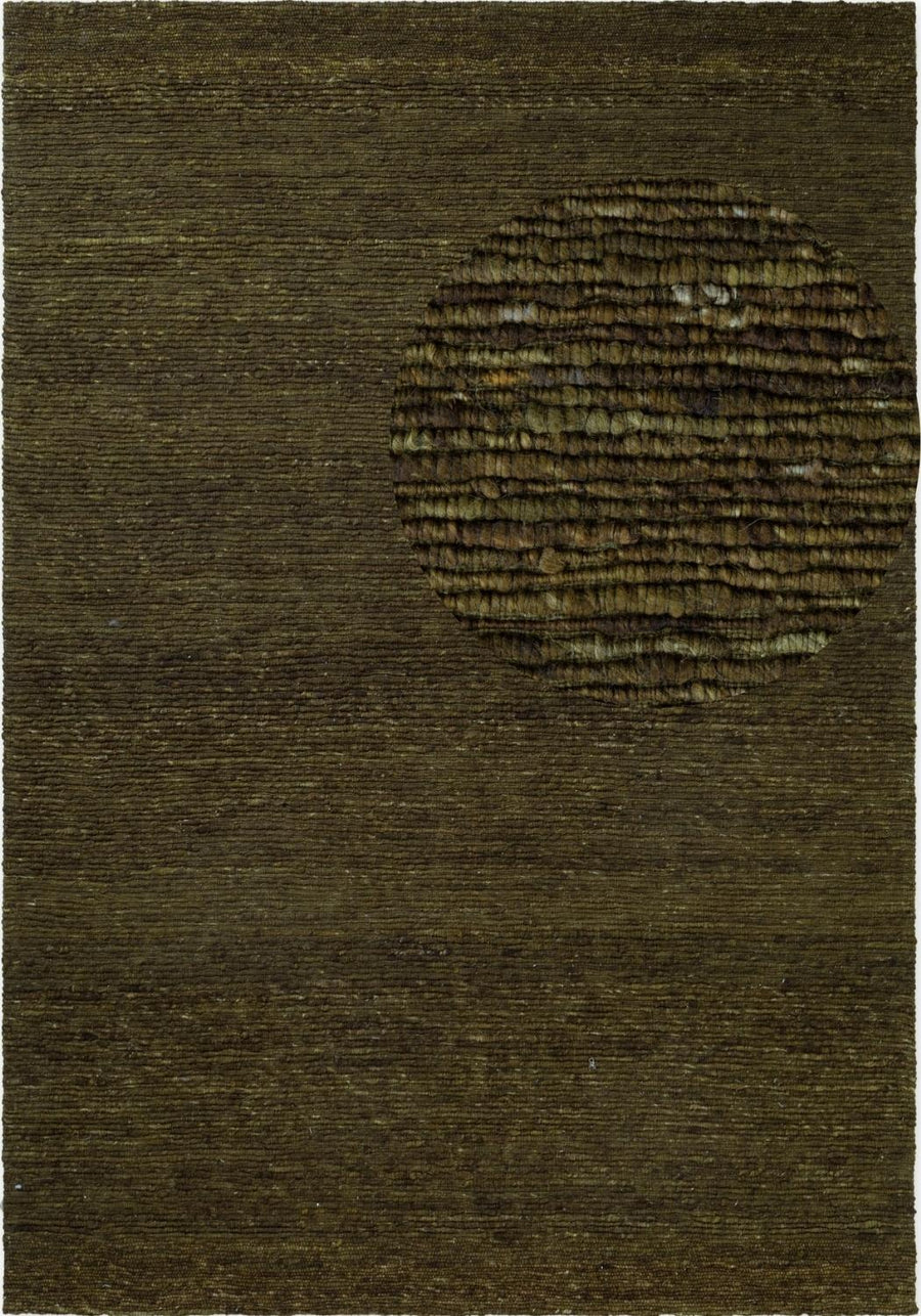 Textured brown rug with a circular pattern