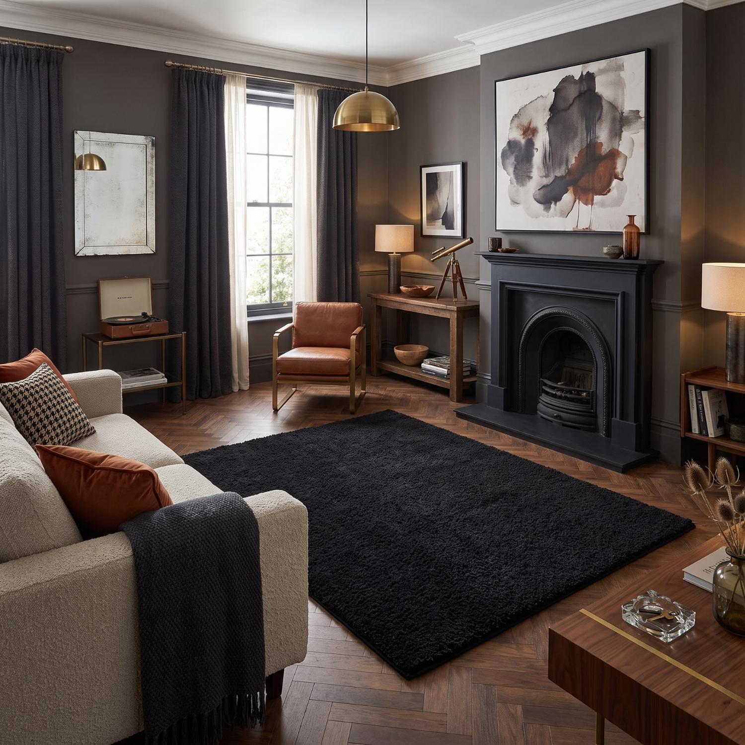 Black shaggy Rug Plain design thick pile, high quality, soft & durable.