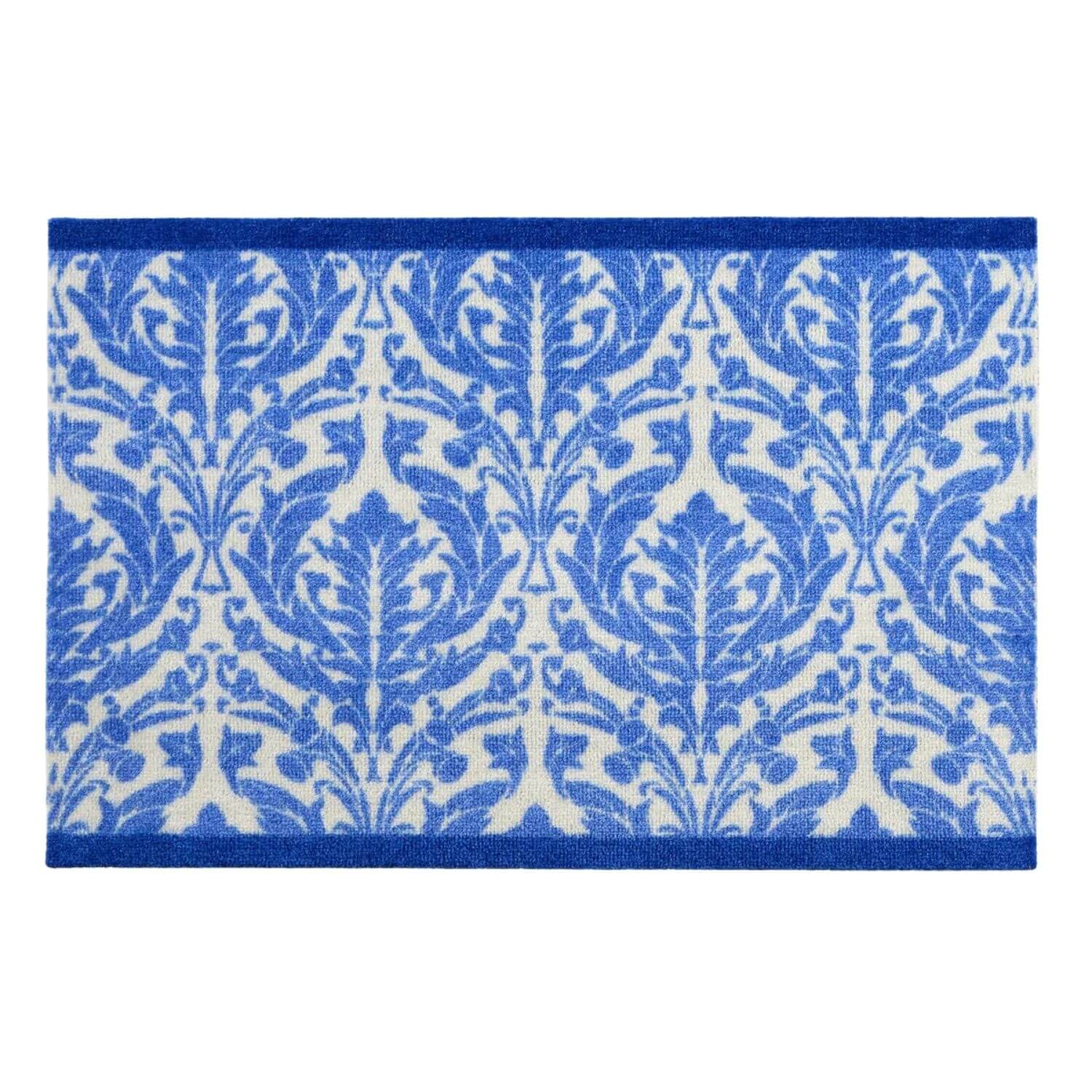 Blue and white patterned rug on a white background