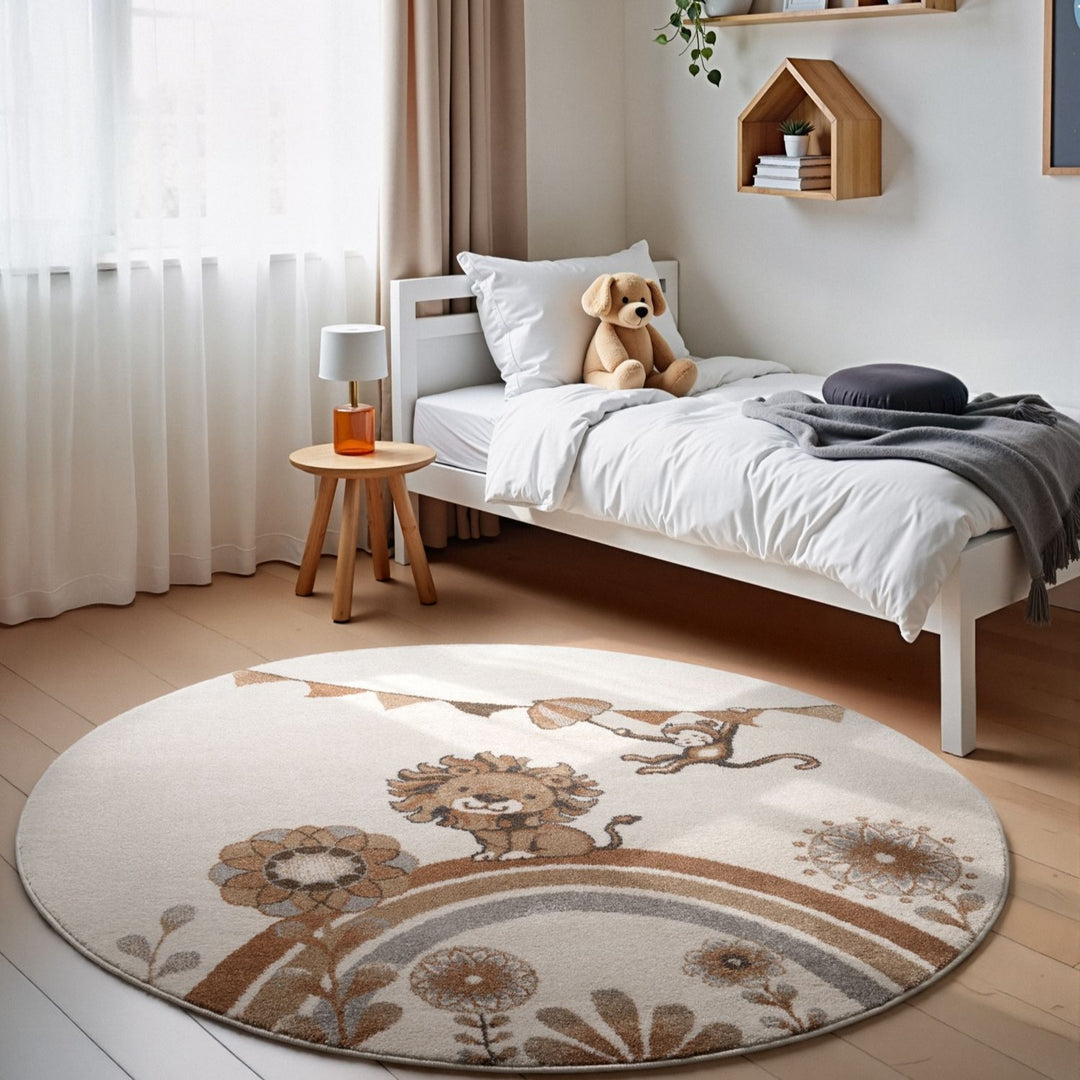 Kids Round Lion Rug, Heat-insulating, Cream Colour, Easy to CLean |THE RUGS