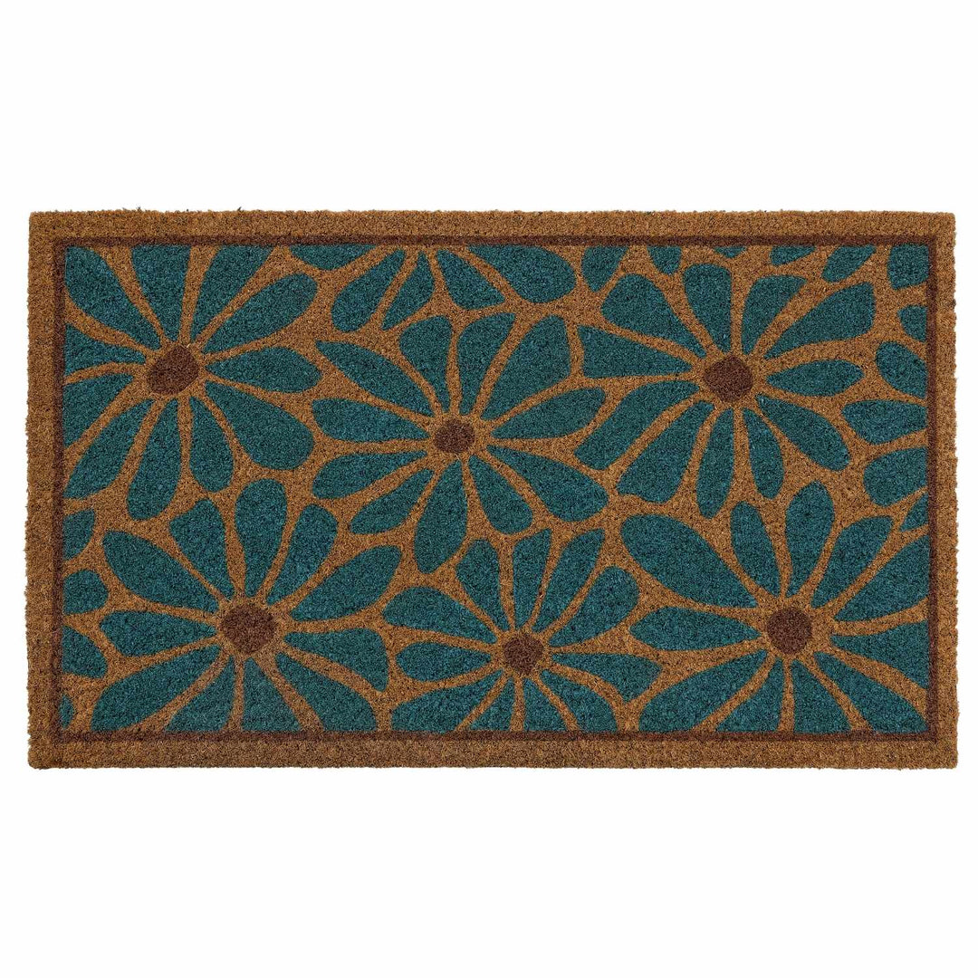 Doormat with blue and brown floral pattern on a white background