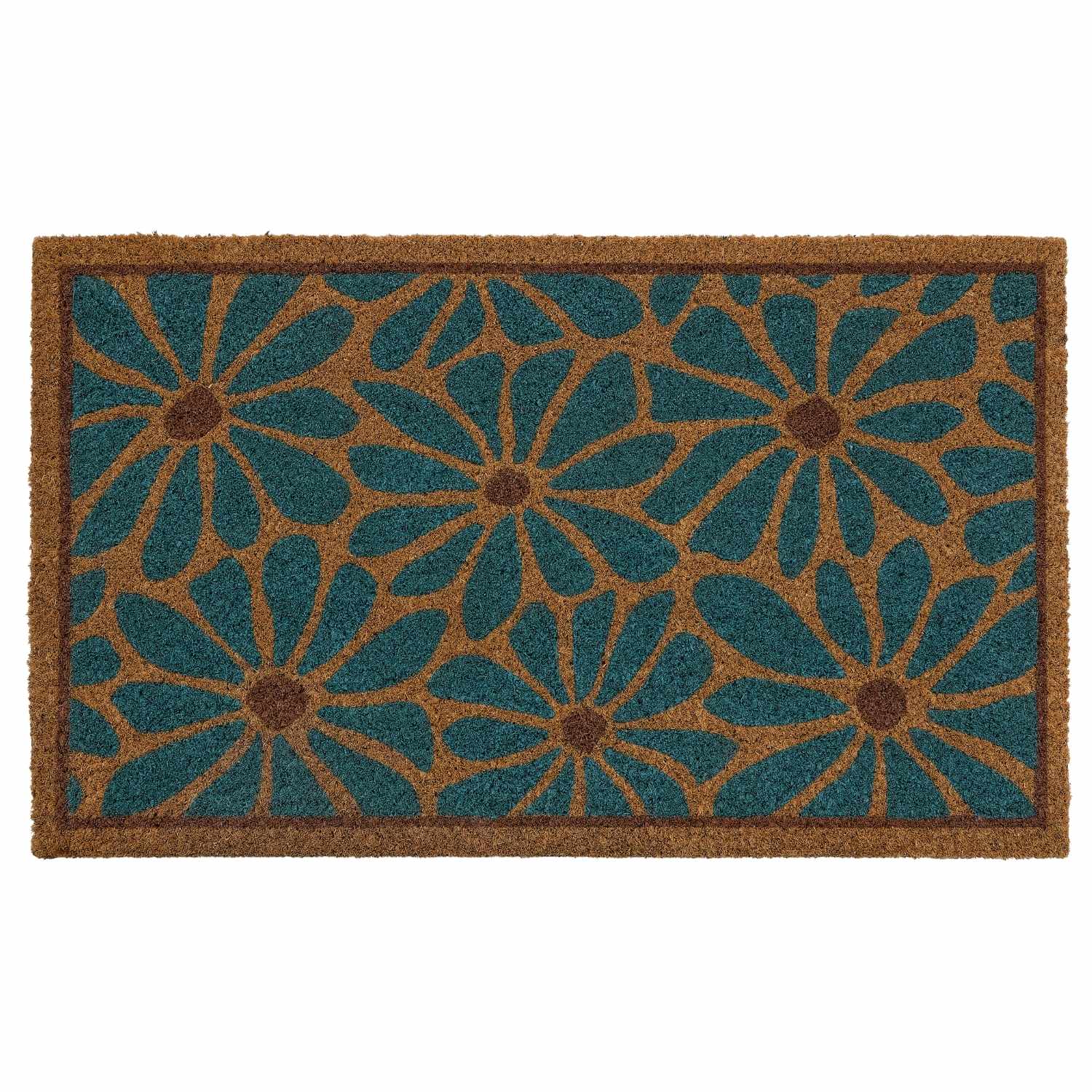 Doormat with blue and brown floral pattern on a white background