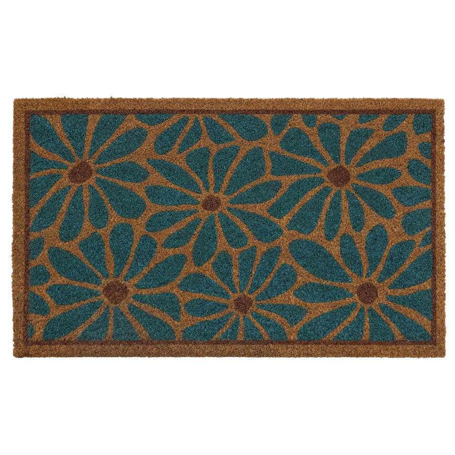 Doormat with blue and brown floral pattern on a white background