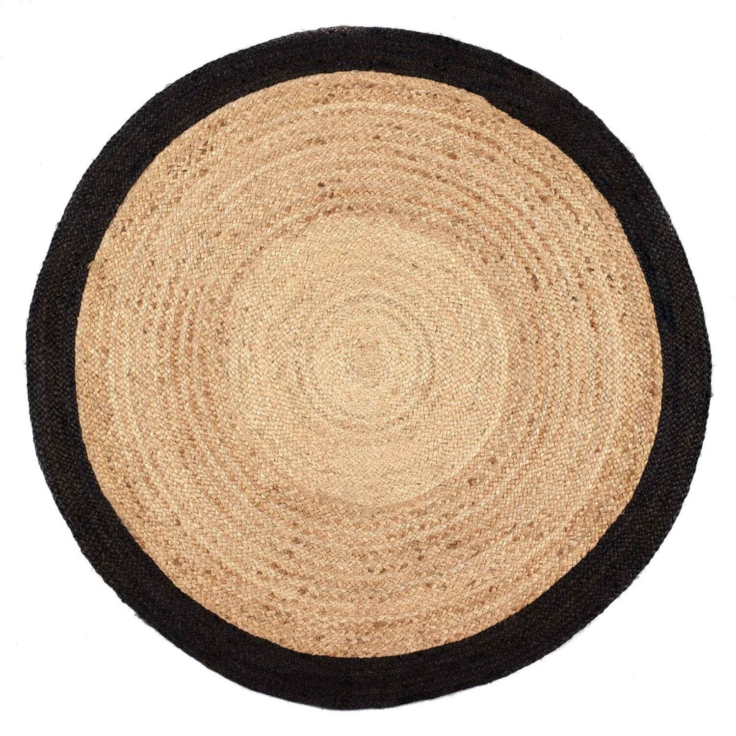 Round jute rug with black border on a white background