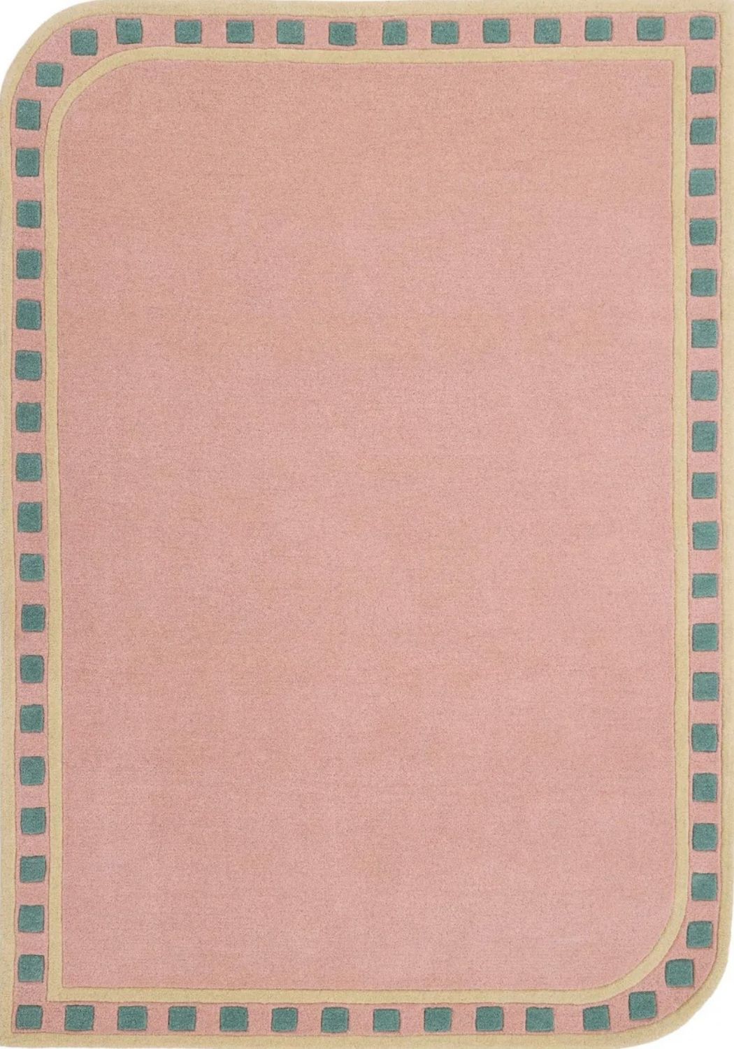 Pink rug with a border featuring small squares in green and beige.