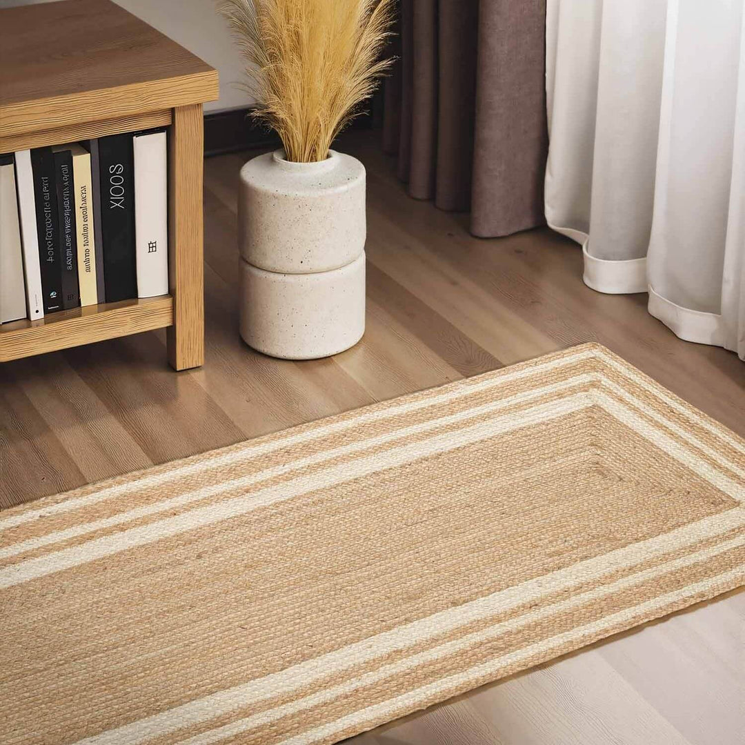 Beige striped rug on a wooden floor with a bookshelf and decorative plant in the background.