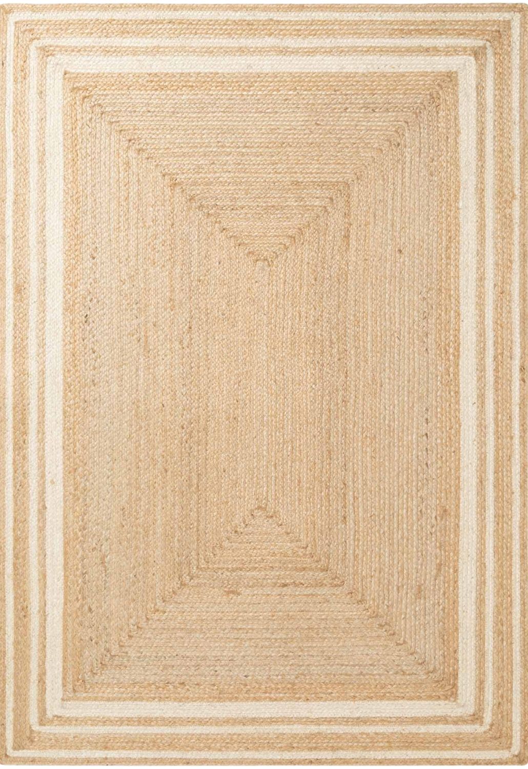 Beige braided rug with a rectangular pattern on a white background