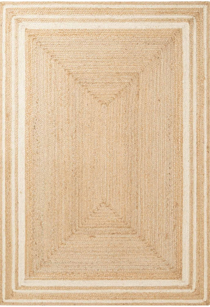 Beige braided rug with a rectangular pattern on a white background