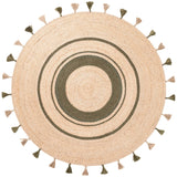 Round woven rug with concentric circles and tassels on a white background