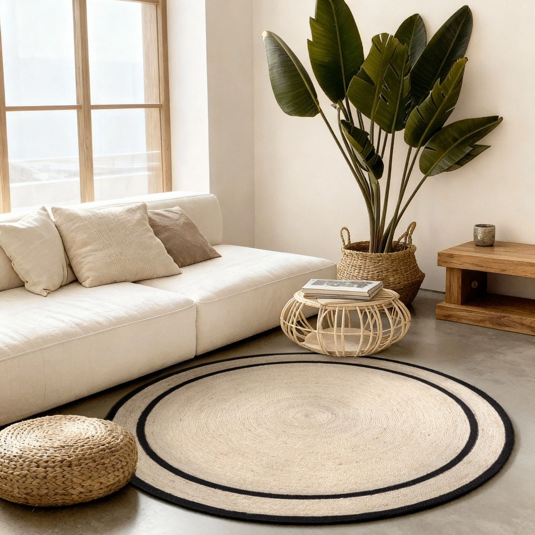 Living room with a white sofa, round rug, and potted plant.