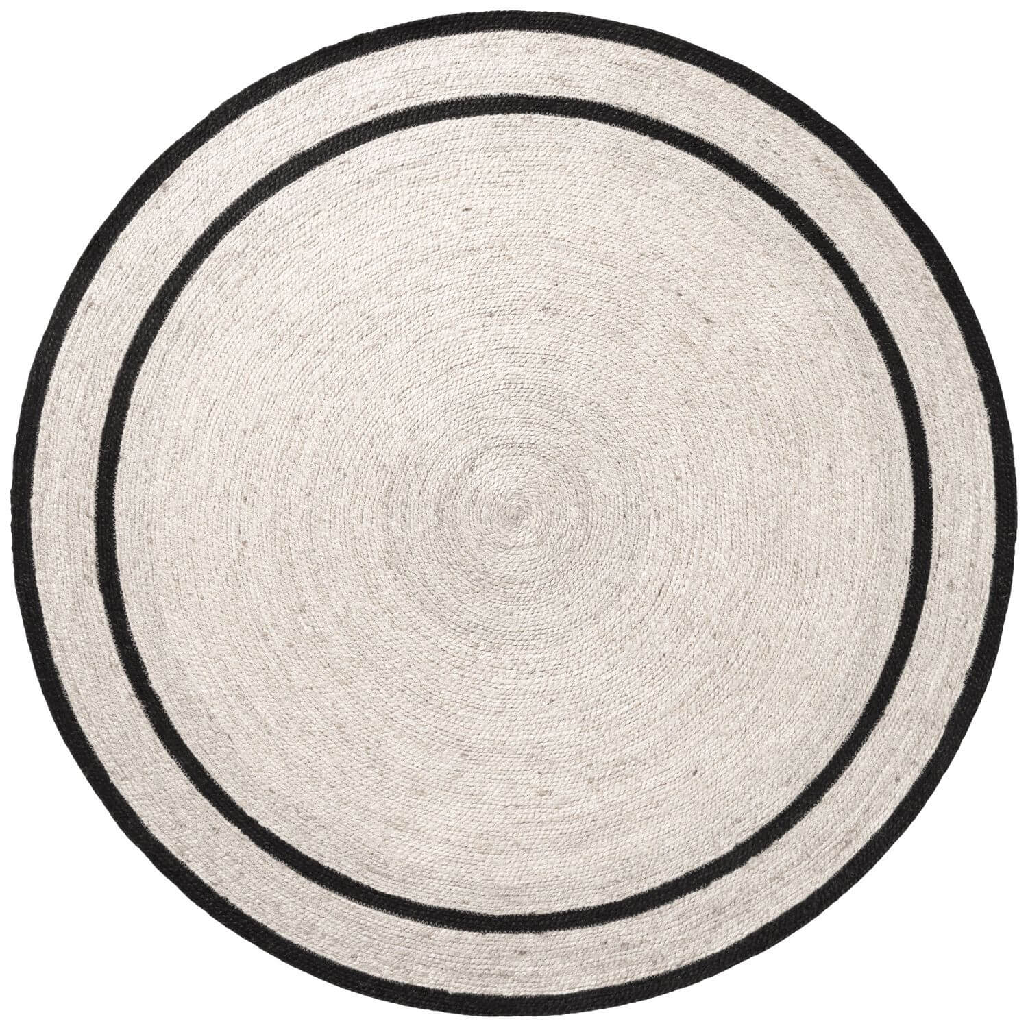 Round rug with black border on a white background