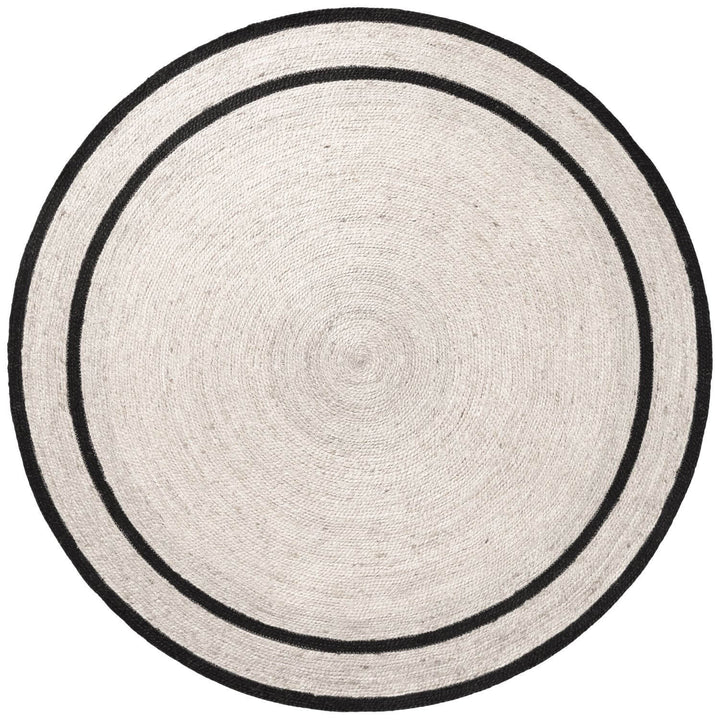 Round rug with black border on a white background