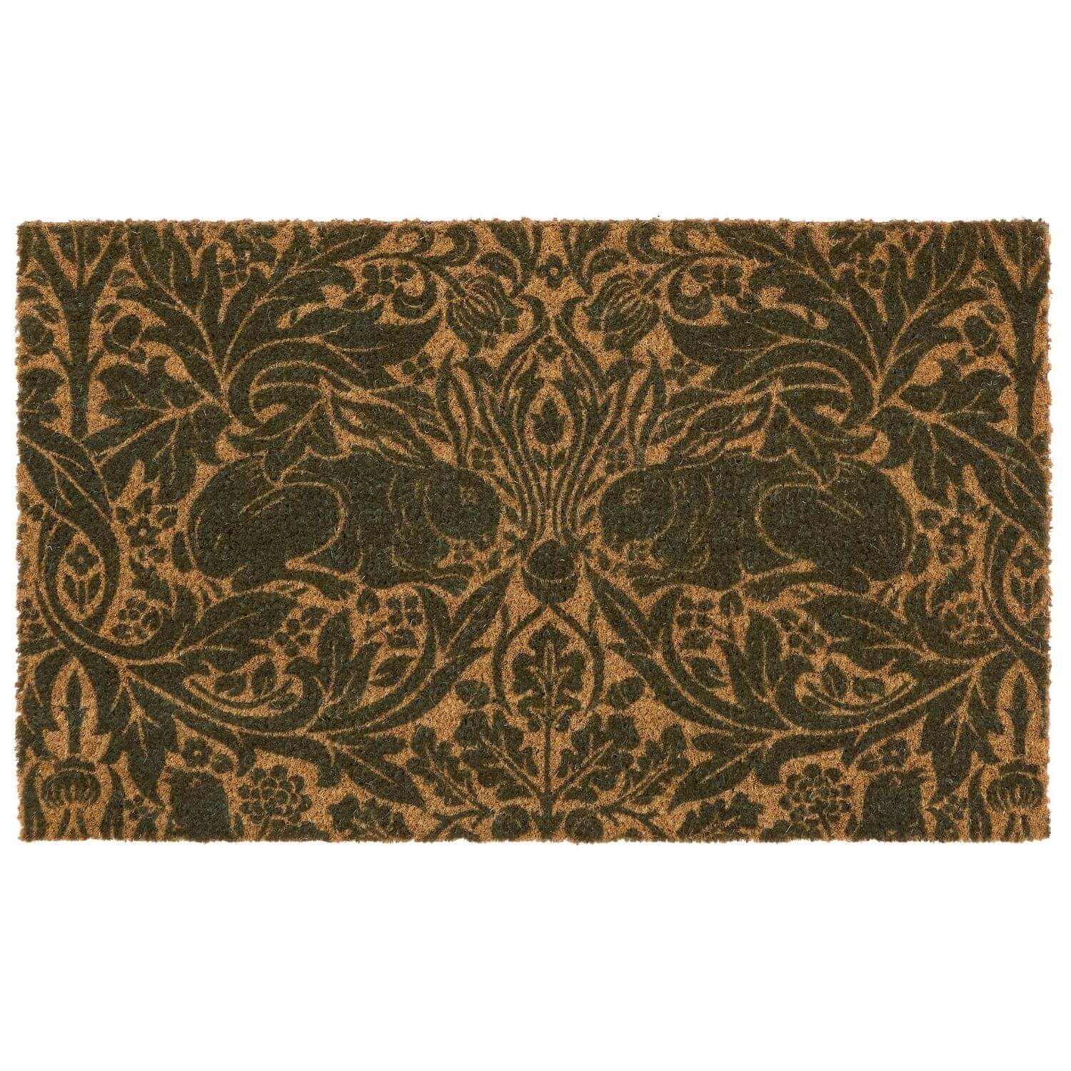Decorative doormat with intricate black pattern on a brown background