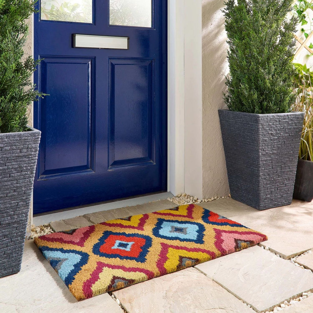 Printed Bright Ikat Coir Doormat Eco-friendly, Durable material.