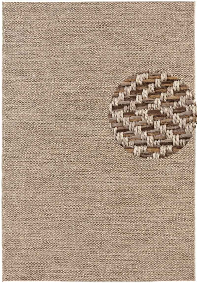 Beige textured rug with a woven circular design in the corner