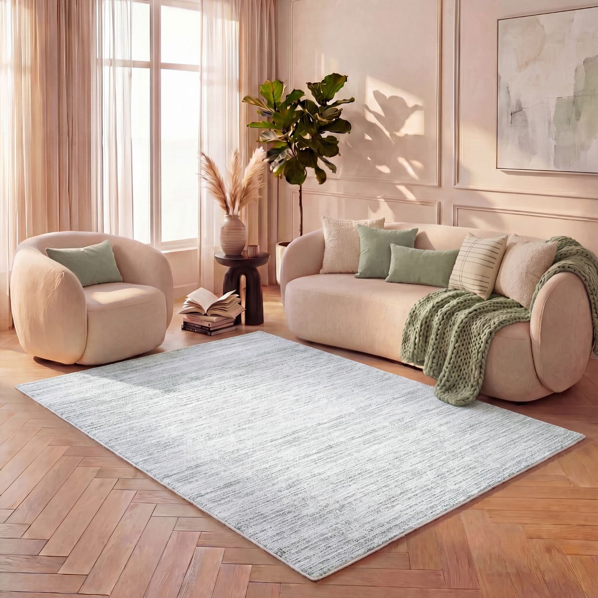 Carmel Green colour rug, striped design, soft durable pile, stain-resistant, easy-care.