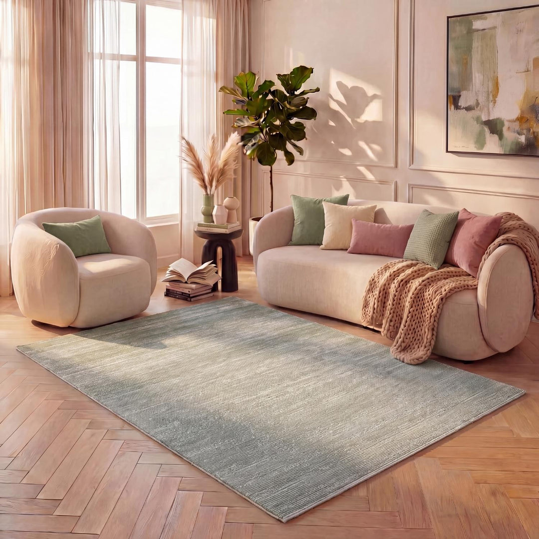 Carmel green striped design rug, textured pile, durable material, anti-allergic, easy-care | THE RUGS