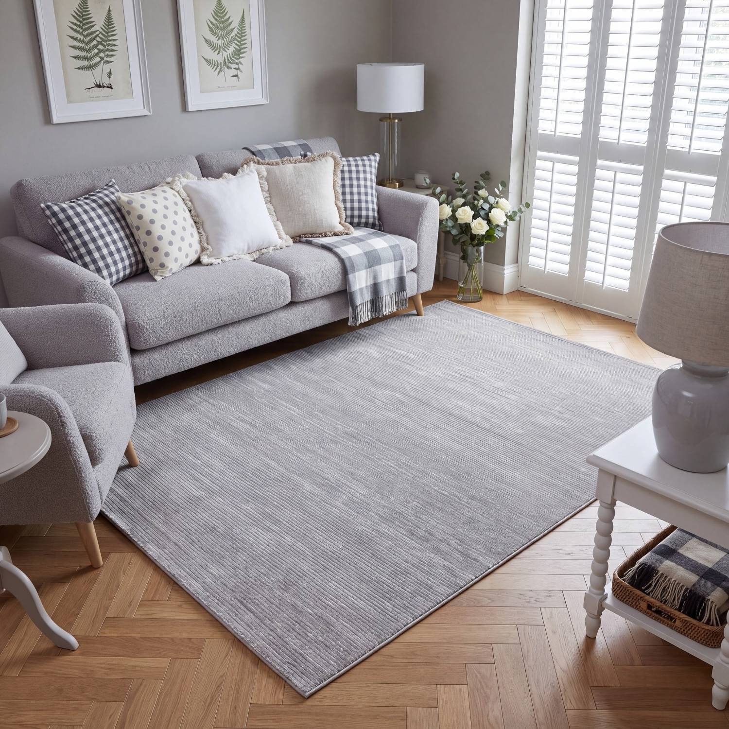 Carmel grey rug, striped design, non-shed, textured pile, easy care, colourfast, eco-friendly rug.