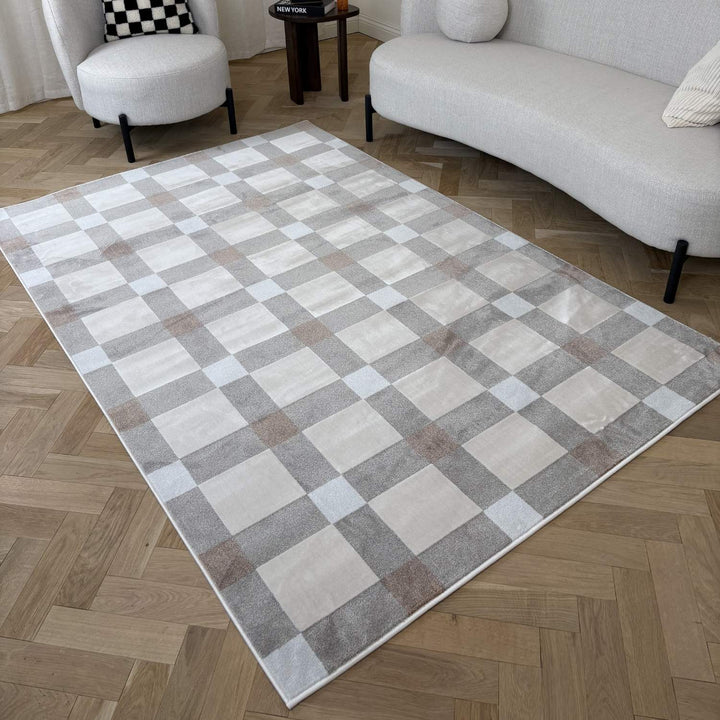 Checkered area rug on a wooden floor with a sofa and chair in the background