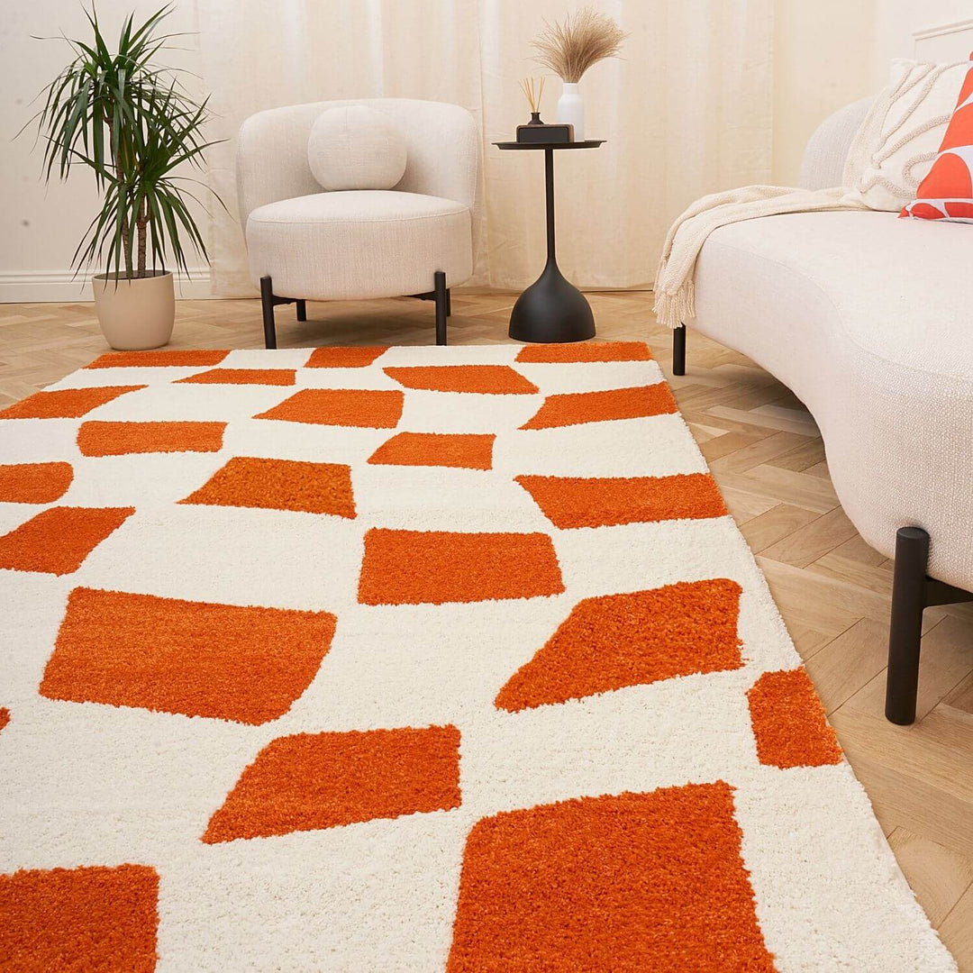 Checkered design rug orange and white colour, non-shed.