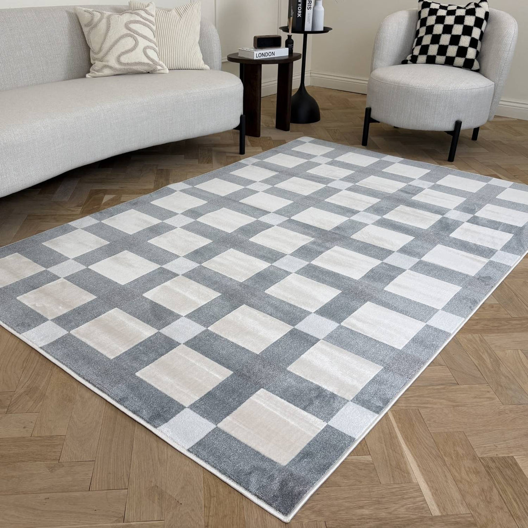 Checkered area rug on a wooden floor with a living room setting.