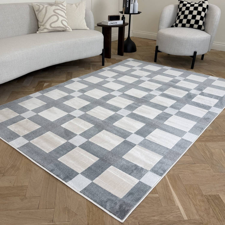 Checkered area rug on a wooden floor with a living room setting.