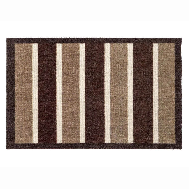Striped rug with brown and beige vertical stripes on a white background