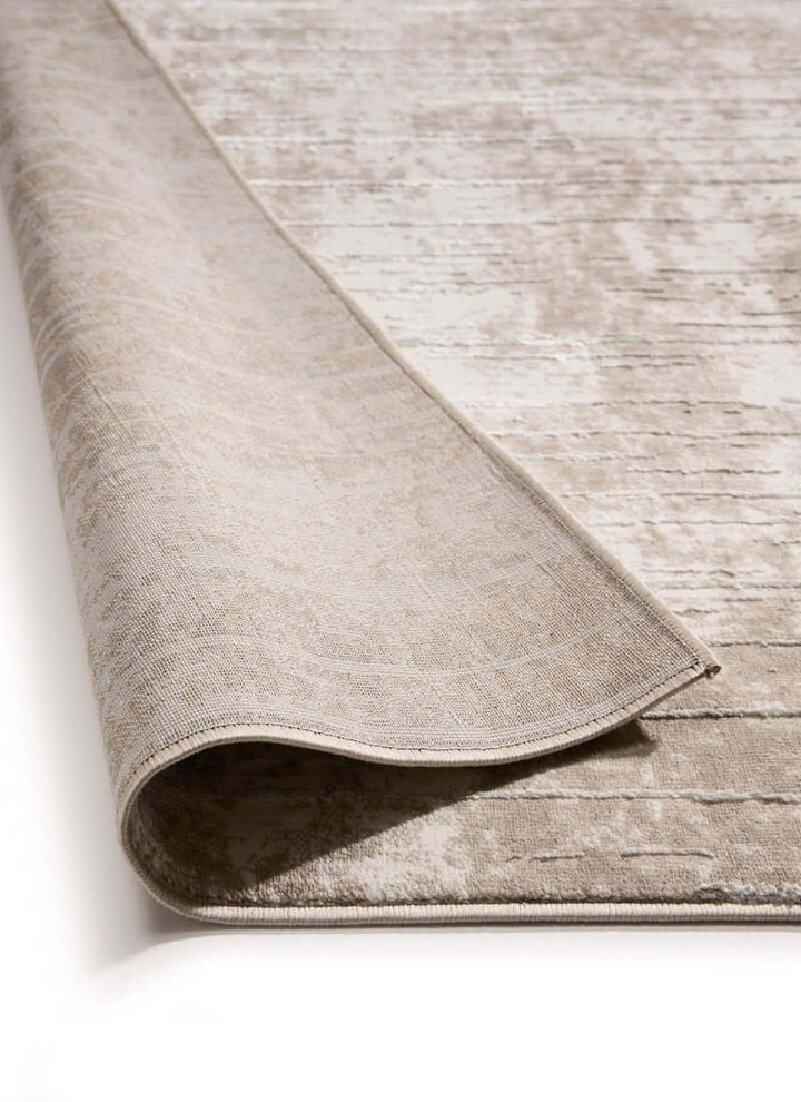 Abstract geometric rug with soft beige texture, featuring a stylish striped design for modern eco-conscious decor.