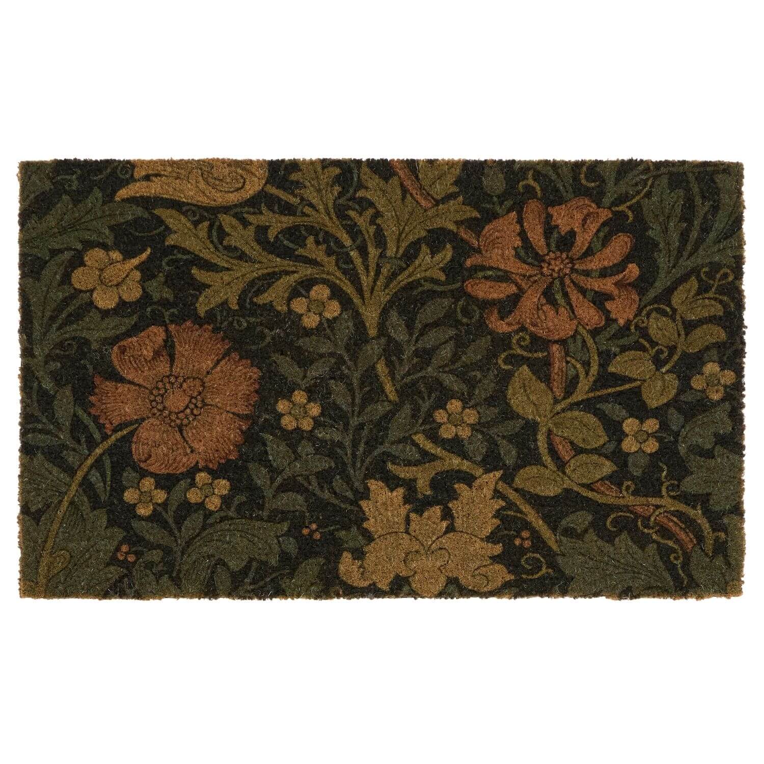 Floral patterned doormat with green and brown colors on a white background