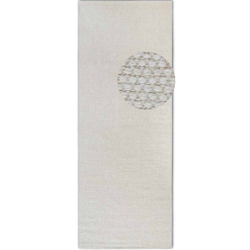Rectangular area rug with a central circular pattern on a plain background