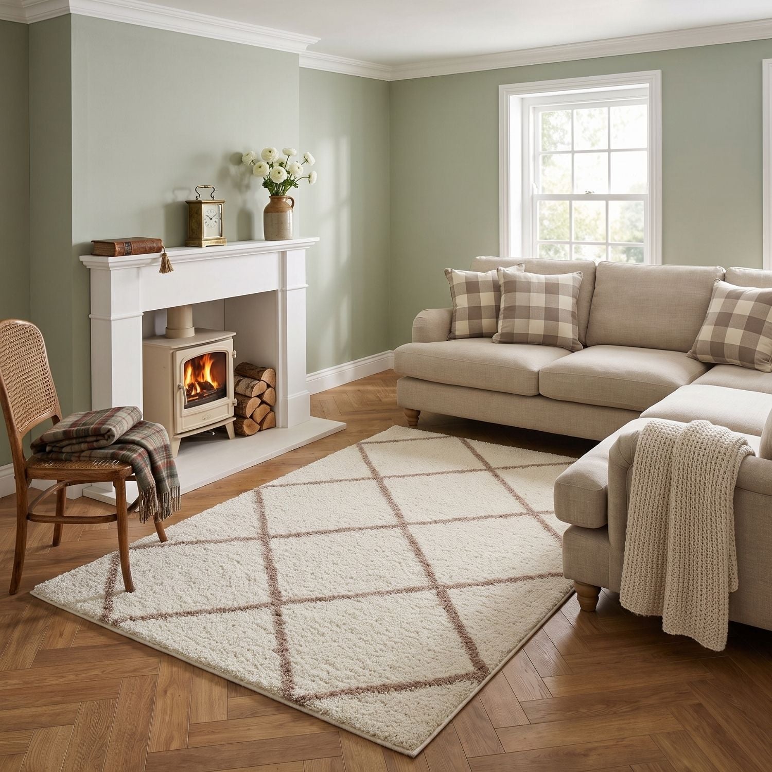 Diamond Design Thick Shaggy Area Rugs Ivory Beige