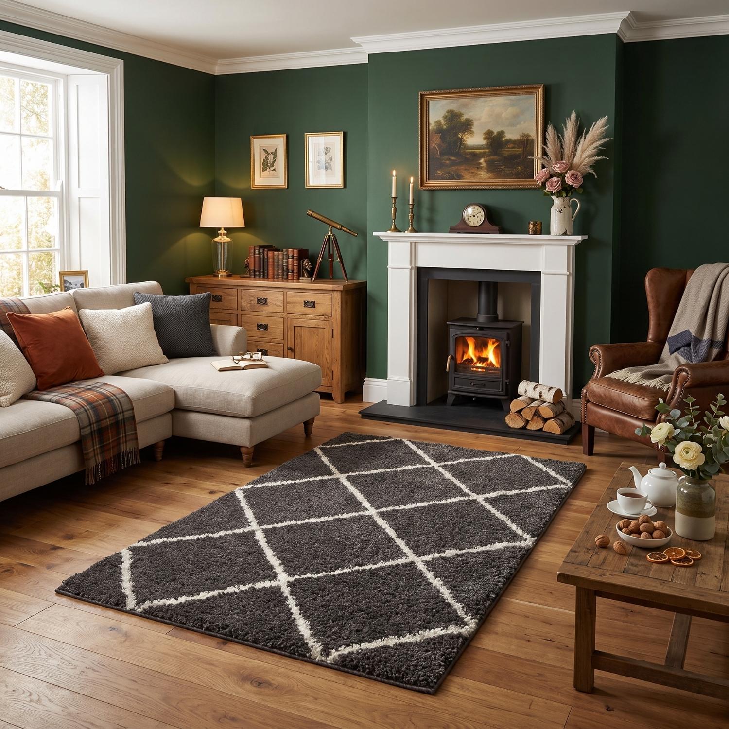 Diamond Design Thick Shaggy Area Rugs Dark Grey, easy to clean, durable soft pile, machine-made rug.