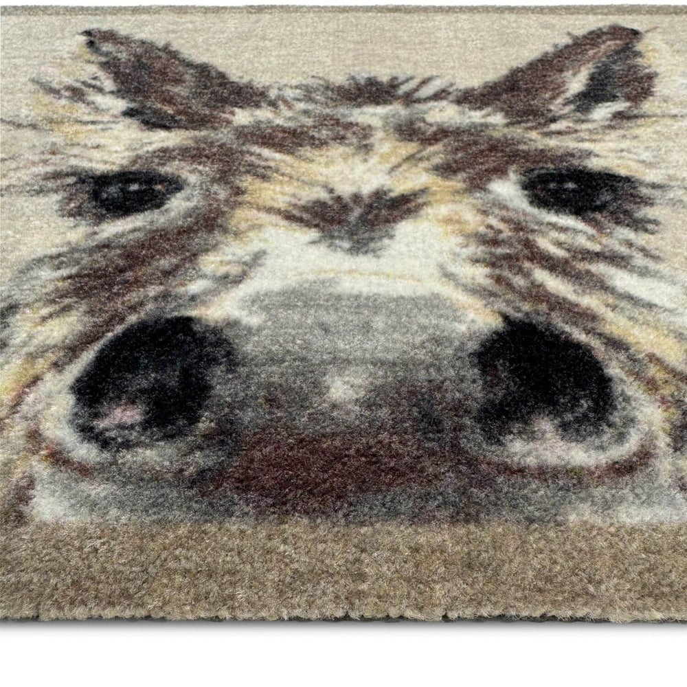 Rug with a donkey face design on a plain background