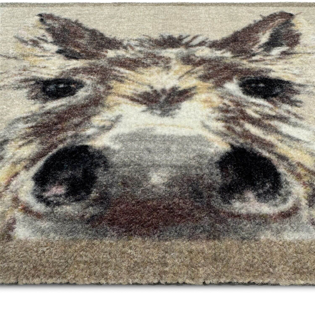 Rug with a donkey face design on a plain background