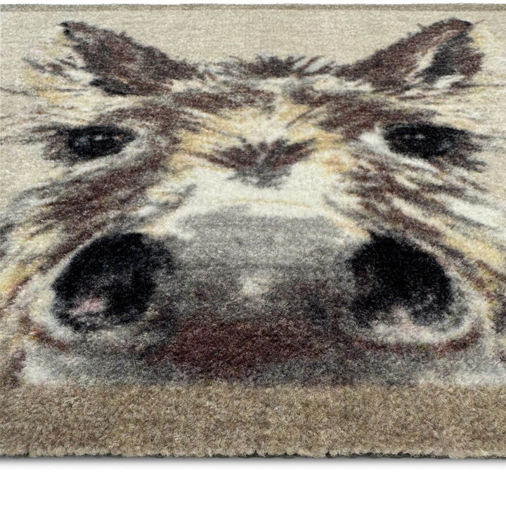 Rug with a donkey face design on a plain background