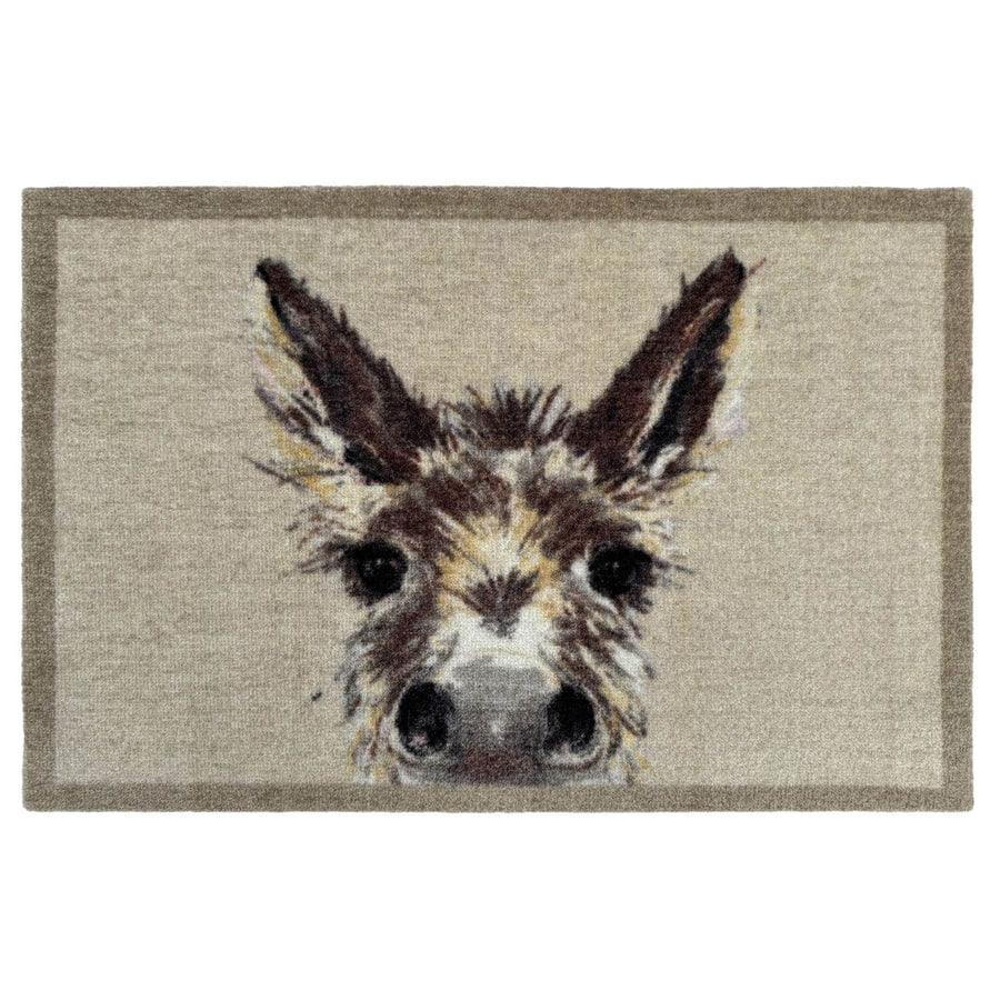 Doormat with a donkey face design on a beige background