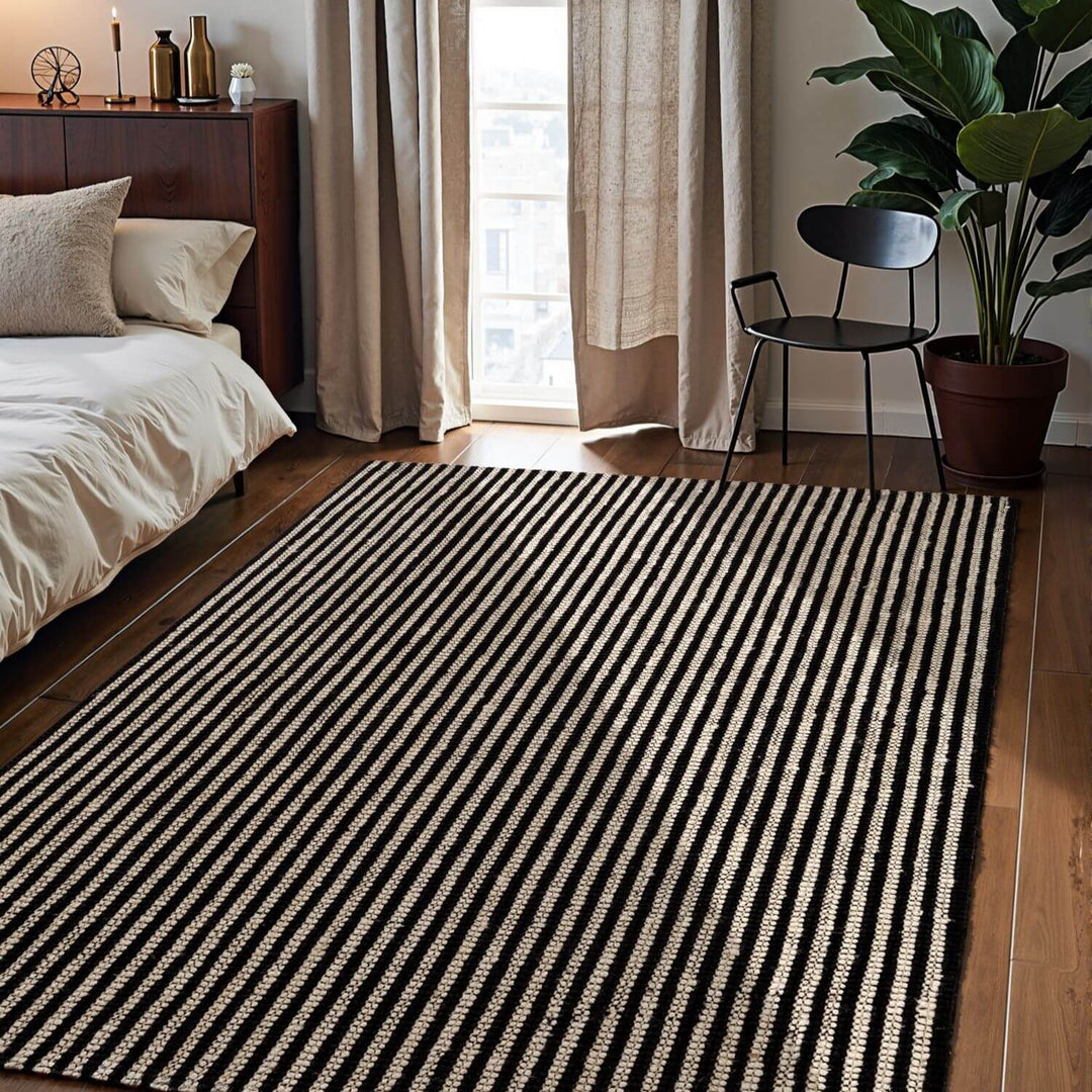 Striped rug in a bedroom with a bed, chair, and plant.