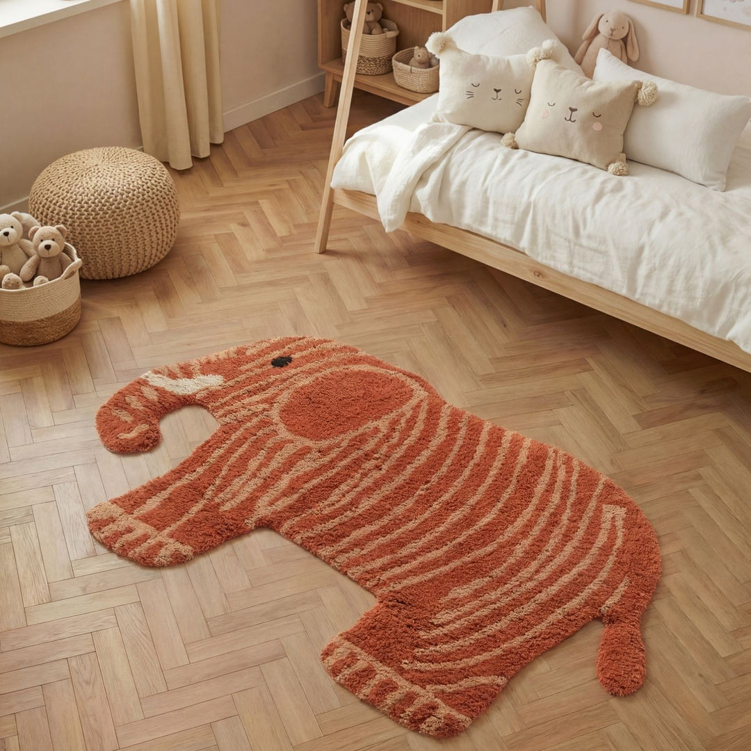 Animal design rug, washable, red & orange colours, nursery rug.
