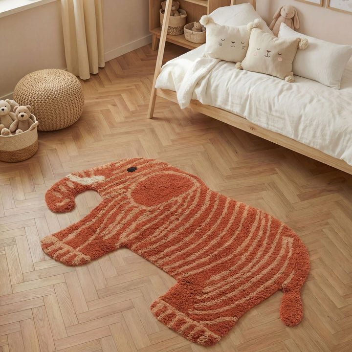 Animal design rug, washable, red & orange colours, nursery rug.