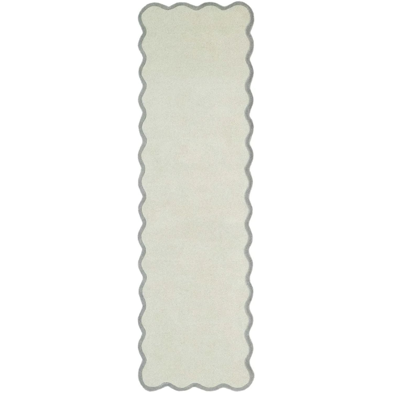 Rectangular white rug with scalloped edge on a white background