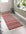 Colorful striped rug on a wooden floor with a white door and plant in the background
