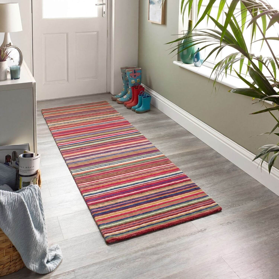 Colorful striped rug on a wooden floor with a white door and plant in the background